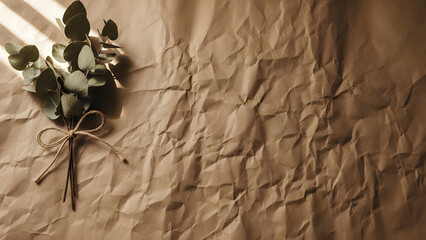 Dried Eucalyptus Bouquet on Crumpled Brown Craft Paper