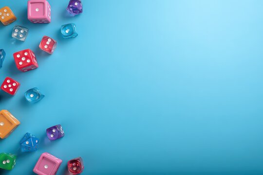 Assorted Colorful Dice Scattered On Light Blue Surface In Studio