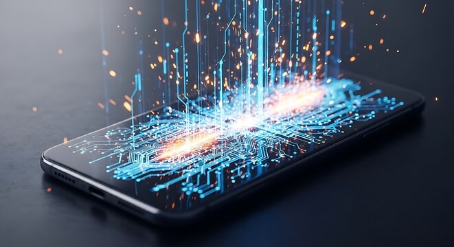 Smartphone Displaying Digital Circuitry and Data Streams mobile technology