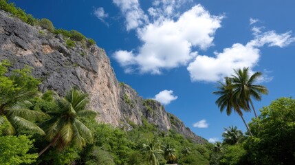 Fototapeta premium Serene Tropical Landscape with Lush Greenery, Towering Cliffs, Clear Blue Sky, and Fluffy Clouds in a Beautiful Coastal Setting