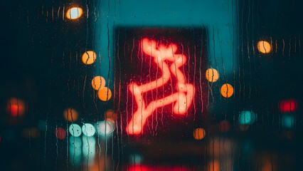 Red Neon Reindeer Light Sign Seen Through Rainy Window