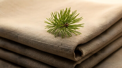 Green Pine Sprig on Folded Beige Linen Fabric Texture