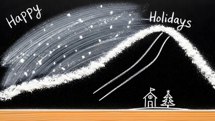 Happy Holidays Chalkboard Art with Snowy Hill and Sled Tracks