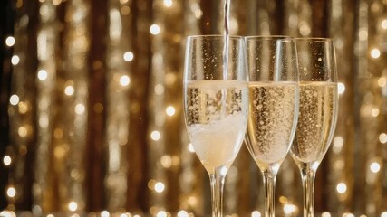 Three champagne flutes are filled as bubbles rise, with a golden bokeh background - Powered by Adobe