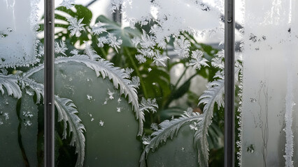 Frosted Glass Window with Ice Crystals and Green Plants Behind