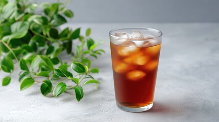 Refreshing iced tea with ice cubes in a glass on gray background surrounded by green leaves for a natural atmosphere and a cool beverage concept
