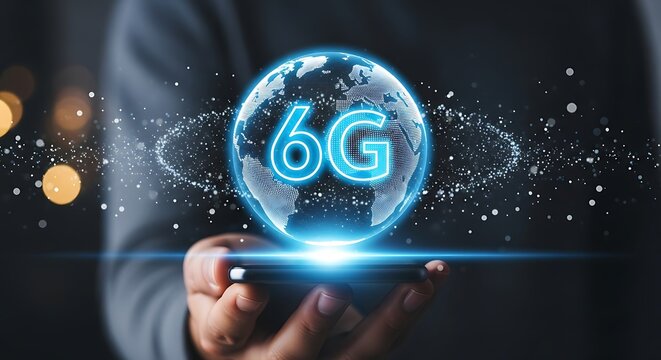 Person Holding Smartphone Projecting 6G Global Network Hologram technology internet