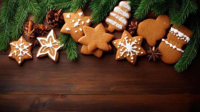 Delicious Christmas Cookies with Festive Decorations Surrounded by Pine Branches and Natural Elements on a Wooden Table