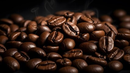 Fototapeta premium Pile of aromatic roasted coffee beans steaming upward. Suitable for coffee shop menus, packaging design, blog posts, and social media.