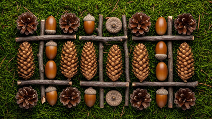 Creative Autumn Nature Pattern with Pinecones and Acorns on Moss
