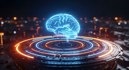 Holographic Blue Brain on a Futuristic Platform with Orange and Blue Lights human brain
