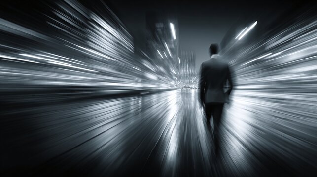 a silhouette of a man standing alone in a dimly lit hallway surrounded by speeding lights - Powered by Adobe