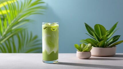Refreshing Green Beverage with Creamy Layering Served in a Tall Glass Against a Calm Background with Potted Plants and Lush Decor