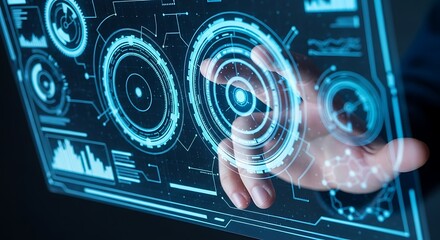 Hand Interacting with Futuristic Blue Digital Interface Display technology screen