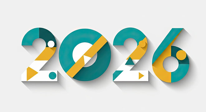 A modern and festive vector illustration celebrating the New Year 2026 with creative geometric numbers and a drop shadow effect