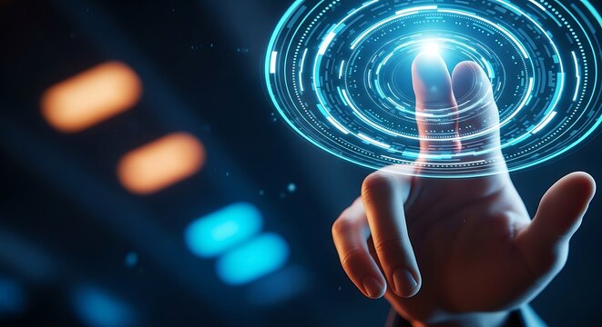 Hand interacting with a holographic blue digital interface with blurred lights technology - Powered by Adobe