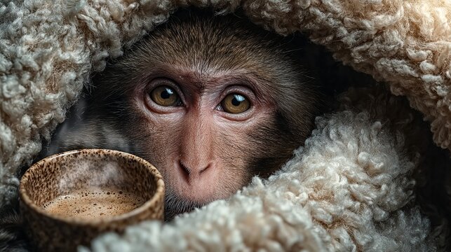 a close-up view of a monkey peeking out of a fluffy blanket, looking directly at the viewer