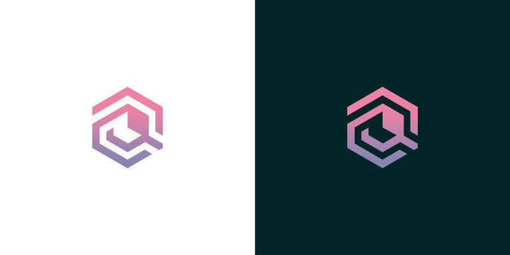 Hexagonal abstract logo design with gradient colors, modern geometric shape and futuristic style