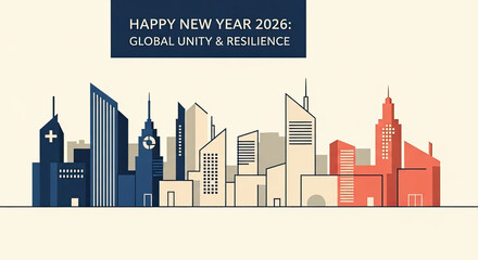 A vibrant cityscape illustration symbolizing global unity and urban resilience, envisioning a hopeful and progressive New Year 2026