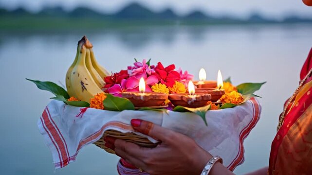 Close-up of a woman's hands holding a traditional puja thali with lit diyas, flowers, and a banana, against a serene lake background during Chath Puja.