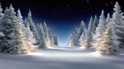 Fototapeta premium Serene Winter Landscape with Snow-Covered Trees Under Starry Night Sky Creating a Peaceful Atmosphere and Inviting Scenery for Nature Lovers and Outdoor Enthusiasts