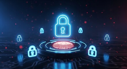Digital Security Concept with Glowing Padlock and Fingerprint Scan technology