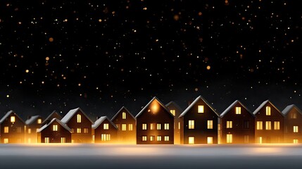 Naklejka premium Cozy winter village with illuminated houses under a starry night sky, snowfall creating a magical festive atmosphere, warm glow, perfect for holiday themes