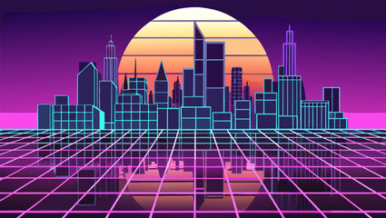 Retro-style cityscape silhouette against a sunset, reflected on a grid surface.
