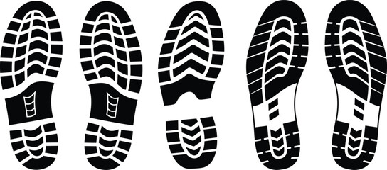 Set of black shoe sole footprint vector illustrations, isolated boot and sneaker tread patterns, walking steps silhouettes for tracking, trail, path, and graphic design use.