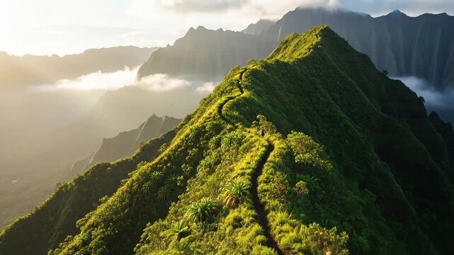 Stunning aerial hike on lush  ridge offering inspiring views and adventure