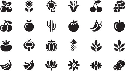 Botanical icon set for fruits, vegetables, plants, flowers, nutrition, gardening, and organic design