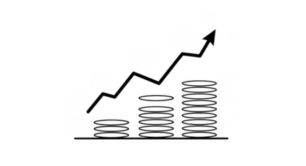 Graph showing upward trend with stack of coins representing financial growth and investment success isolated on transparent background