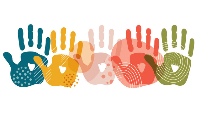 Vibrant abstract handprints in an artistic illustration symbolizing community, diversity, and togetherness through colorful, overlapping patterns