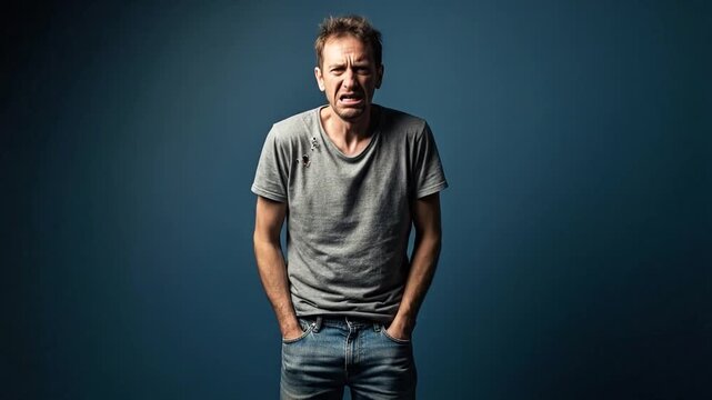 Jobless man shows empty pockets, financial distress, bankruptcy and poverty concept