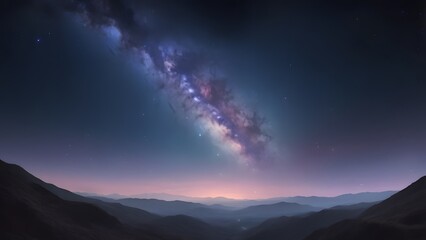 Fototapeta premium Night Sky Over Mountains Capturing the Beauty of the Milky Way, Majestic Panorama. Space Wallpaper