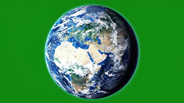 Rotating planet earth with clouds on a green screen background