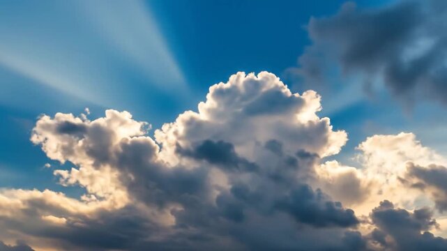 Dramatic sunbeams pierce fast cumulus clouds in vivid summer sky time-lapse