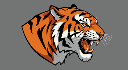 A vibrant vector illustration showcases a fierce tiger head, rendered in a striking orange and black color scheme against a neutral gray backdrop, perfect for various design applications.