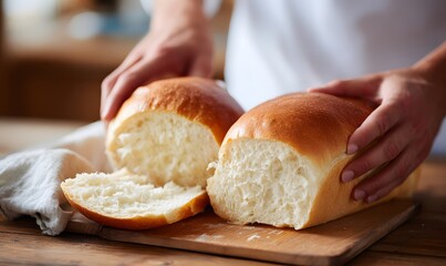 a close-up of hands breaking the bread into two halves. the focus is on showing both parts of the loaf being broken by hand. in the background