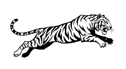 A powerful black and white vector illustration depicts a majestic tiger mid-leap, showcasing its strength and agility with graphic precision on a clean background.