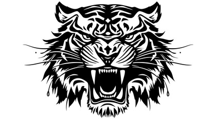 A powerful and aggressive tiger head, illustrated in a bold black and white vector style, roars ferociously, perfect for a strong visual statement.