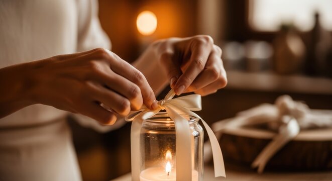 Close-up of a person's hands tying a ribbon around a candle in a glass jar on a table with warm - Powered by Adobe
