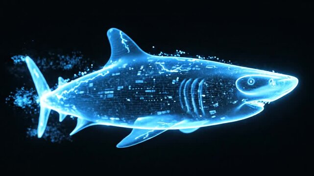 Holographic Shark Animation &ndash; Realistic Natural Movement with Clean Black Background, High Detail Futuristic