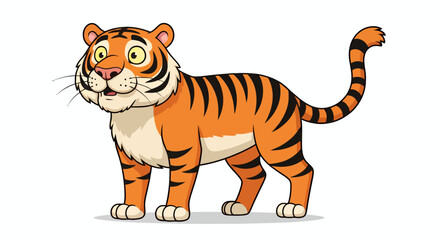 Fototapeta premium A vibrant cartoon tiger illustration, rendered as a scalable vector graphic on a clean white backdrop, perfect for children's books and educational materials.