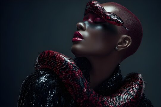 Lowlight, editorial fashion portrait, avant-garde. Dynamic pose. Extravagant look, black woman with a big dark red snake on her shoulderead of the snake next to the woman's head - Powered by Adobe