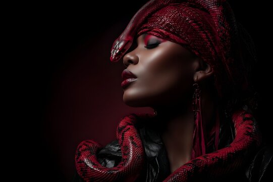 Lowlight, editorial fashion portrait, avant-garde. Dynamic pose. Extravagant look, black woman with a big dark red snake on her shoulderead of the snake next to the woman's head