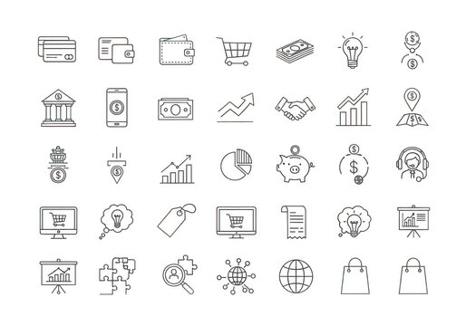 Set of diverse icons representing various business, finance, and technology concepts, including money, banking, and digital services isolated on transparent background