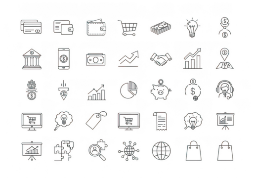 Set of diverse icons representing various business, finance, and technology concepts, including money, banking, and digital services isolated on transparent background - Powered by Adobe