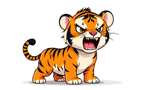 A fierce yet adorable baby tiger character, illustrated in a vibrant cartoon vector style, stands roaring with an open mouth, perfect for playful designs.