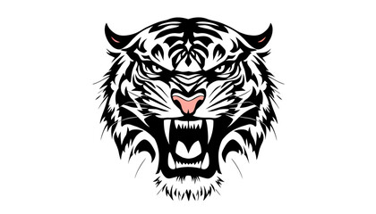 A fierce vector illustration showcases a roaring tiger's head, rendered in a bold black and white style, perfect for various design applications and projects with a striking visual impact.